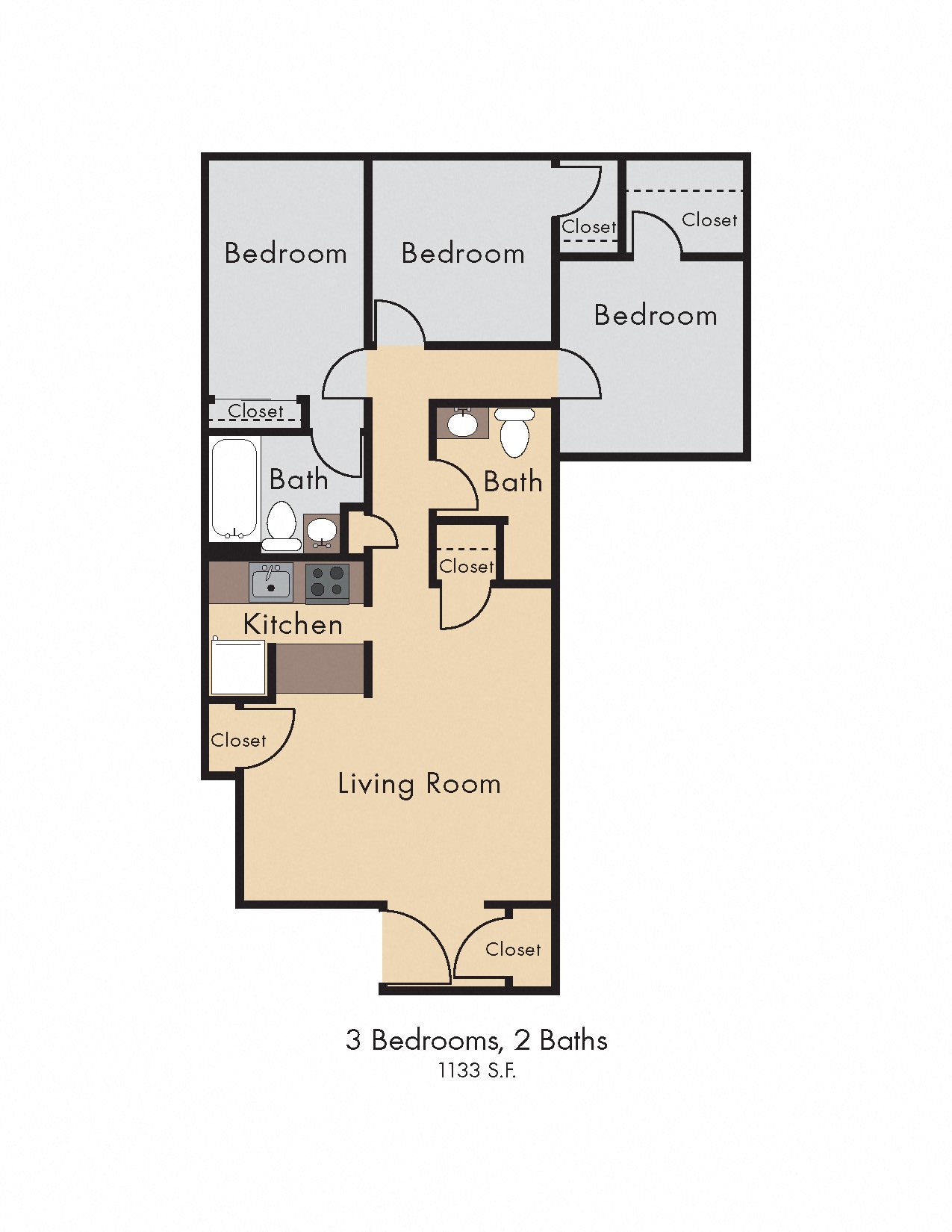 3 Bedroom 2 Bath Floorplan Southwest Village Apartments-Reno Nevada